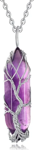 XIANNVXI Collar con colgante de luna creciente envuelta en alambre con forma de árbol de la vida Collar con piedras de cristal curativo de reiki y