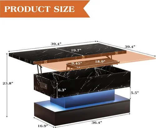 Miniatura 2 de SYESWAY Mesa de Centro Elevable de 39.4" con Estación de Carga, Mesa de Centro Multifuncional 4 en 1 con Almacenamiento y Compartimentos Ocultos