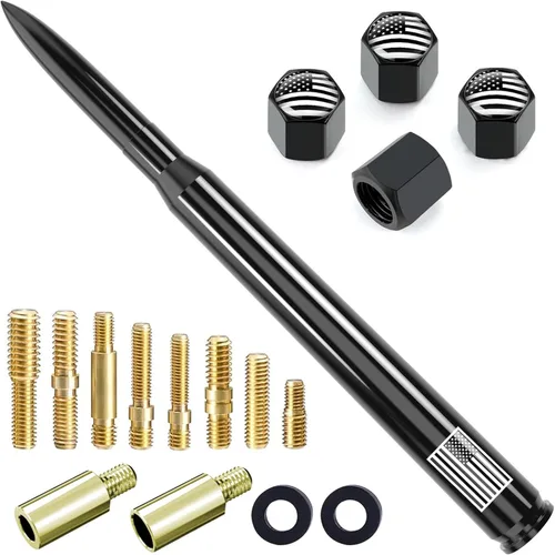 Miniatura 13 de Antena de camión para automóvil con tapas de válvula de neumáticos, bandera estadounidense, repuesto corto universal para GMC Sierra, Chevy, Negro