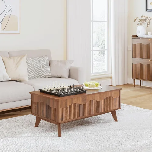 Miniatura 2 de BERRYMERRY Mesa de centro elevable con almacenamiento oculto, mesa de centro acanalada de granja con perfil ondulado, mesa central rectangular