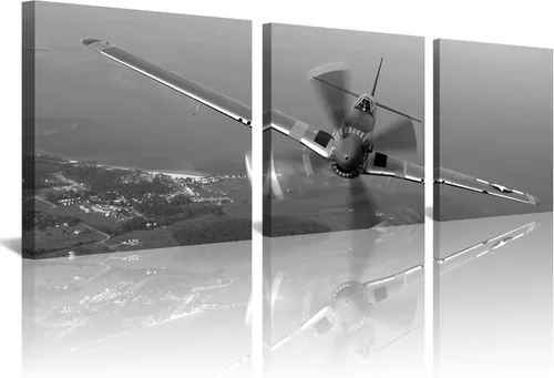 3 piezas de arte de pared en lienzo en blanco y negro vintage de la Segunda Guerra Mundial, aviones de combate militares, impresiones de fotografía