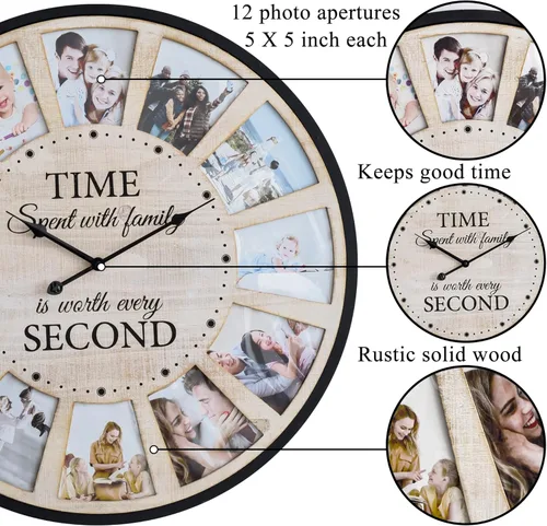 Miniatura 5 de Reloj de pared de madera rústica estilo granja con collage de 12 fotos, reloj de pared grande con fotos familiares para sala de estar, hogar