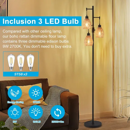 Miniatura 3 de Lámpara de pie de ratán bohemio para sala de estar, lámpara de pie regulable de 70 pulgadas con pantalla de jaula, lámparas de pie industriales
