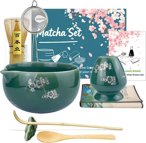 Juego de batidores de matcha, 8 piezas de cerámica con cuenco matcha, batidor y soporte de matcha, cuchara y cuchara de bambú, soporte para cuchara,