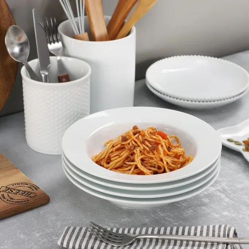 Miniatura 4 de Buyajuju Juego de 4 platos de sopa redondos de porcelana, cuencos para pasta, cuencos clásicos de sopa profunda, cuencos con borde de cerámica, 9.1