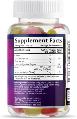 Miniatura 9 de Gomitas de ácido fólico para mujeres, folato de 785 mcg por porción, vitaminas prenatales esenciales para mamá y bebé, suplemento fólico vegano