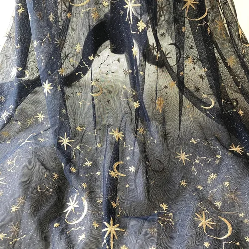 Miniatura 2 de The Yard - Tela de encaje de estrellas doradas bordadas con estrellas y luna, azul marino, para disfraz celestial, decoración del hogar, 5 yardas