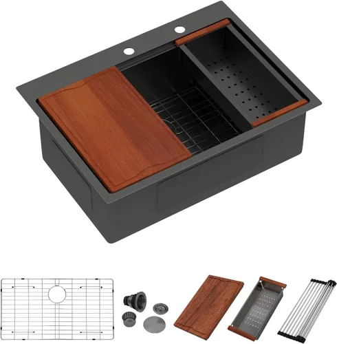 Miniatura 10 de Dcolora 33x22 Fregadero de cocina de acero inoxidable de 16 calibres, estación de trabajo de caída, fregadero de cuenco único grande, montaje