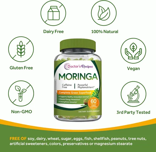 Miniatura 5 de Doctor's Recipes Moringa 11,000 mg de potencia, Superalimento Verde Completo, Apoyo Antioxidante Natural, Sin OMG, 60 cápsulas veganas, Sin cafeína