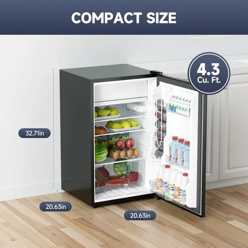Miniatura 7 de Jojoka Mini refrigerador de 4.3 pies cúbicos con congelador, refrigerador pequeño de una sola puerta con estantes de vidrio deslizantes