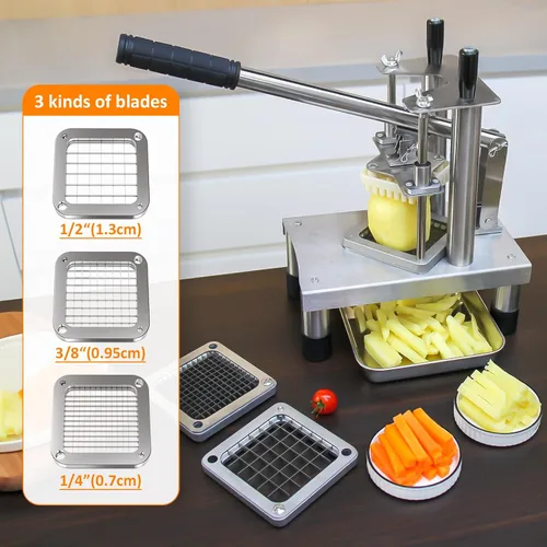 Miniatura 2 de Cortador manual para papas fritas, resistente con 3 cuchillas de acero inoxidable (1/4 pulgadas, 3/8 pulgadas, 1/2 pulgadas), base de succión