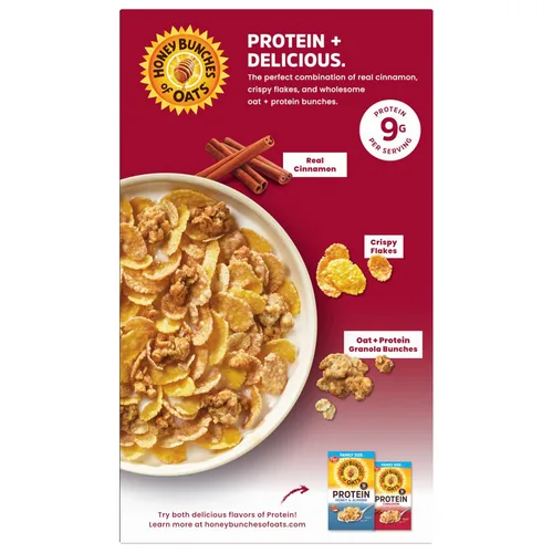 Miniatura 9 de Honey Bunches of Oats Cereal de proteína de canela, desayuno o aperitivo, tamaño familiar, 15 onzas (paquete de 1)