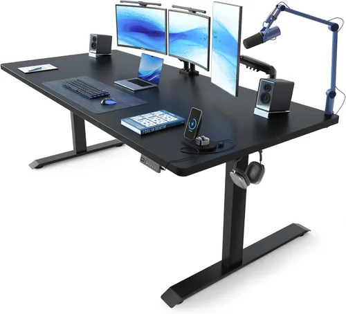 Miniatura 25 de FEZIBO Escritorio de pie, 48 × 24 pulgadas, altura eléctrica ajustable, para sentarse y ponerse de pie, escritorio de oficina para computadora