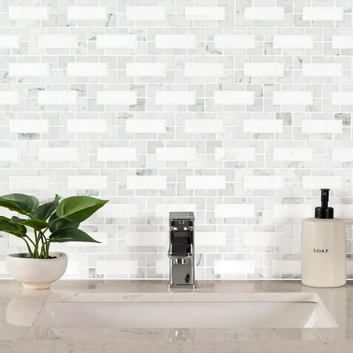 Miniatura 2 de MSI Bianco Dolomite Lynx 12 pulgadas x 12 pulgadas. Azulejo de pared de mosaico de mármol pulido montado en malla con patrón geométrico Bianco Lince
