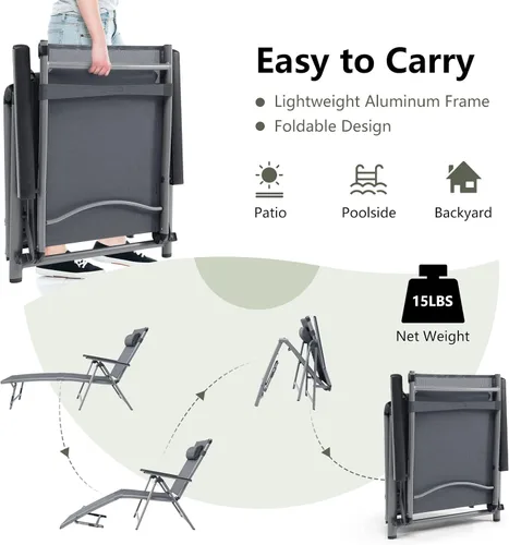 Miniatura 4 de Tangkula 2 sillones de aluminio para exteriores, tumbona plegable para patio con 8 respaldos y 2 posiciones ajustables de patas, sillón reclinable