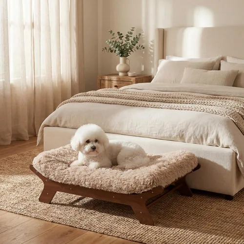 Miniatura 8 de Muihood Marco de cama elevado de madera para perro y colchón de espuma para jaula de huevos, lujoso adecuado para mascotas de hasta 60 libras