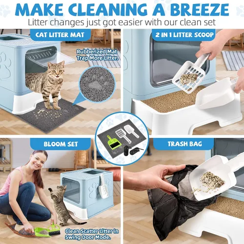 Miniatura 6 de Caja de arena cubierta para gatos con alfombrilla de arena, plegable, extra grande, puerta ajustable de doble entrada, diseño de cajón, caja de Azul