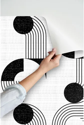 Miniatura 3 de Spoonflower Muestras de papel tapiz para despegar y pegar, cuenco de fideos Bauhaus, escala media, círculos blancos y negros, diseño geométrico
