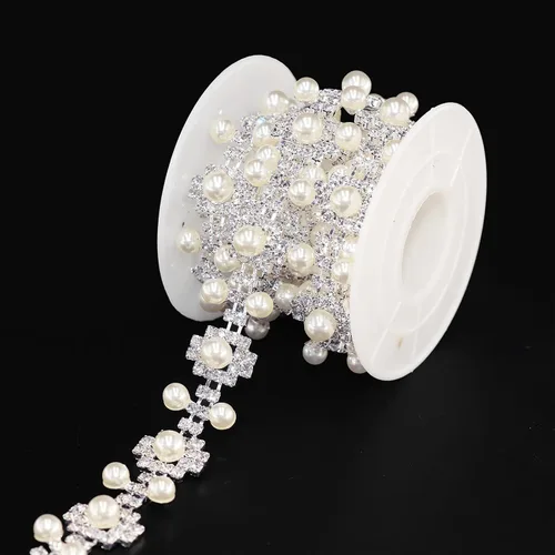 Miniatura 14 de Jerler Cadena de diamantes de imitación de cristal de 1 yarda, cuentas de perlas incrustadas para decoración de bricolaje y adornos de novia, ideal