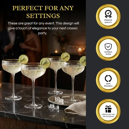 Miniatura 4 de Gold Rim Coupé - Juego de 4 vasos clásicos de Manhattan de 11 onzas, Martini, cócteles, champán, vino y agua, coupés con borde dorado, tallo