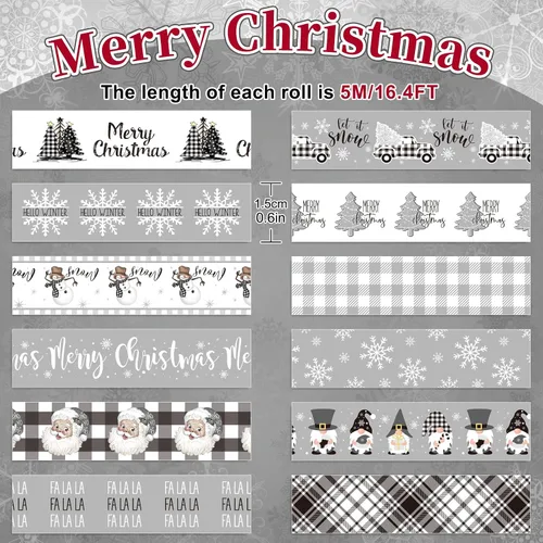 Miniatura 2 de Whaline 12 Rollos de Cinta Washi de Navidad Gris Estilo Granja Cinta Washi Surtida Xmas Cinta de Papel Decorativa de Enmascarar para Fiestas
