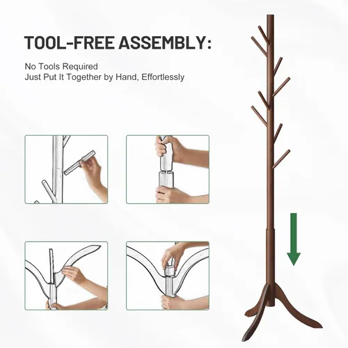 Miniatura 6 de kiplant Perchero de madera de bambú, árbol de abrigo independiente con 8 ganchos, organizador de sombrero de entrada para pasillo, dormitorio, Marrón