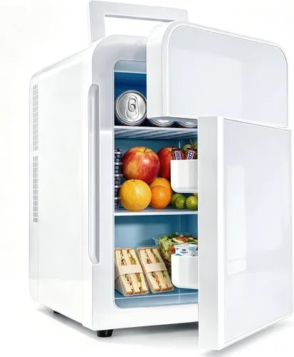 Miniatura 11 de Kikihouse Mini refrigerador de 22L/30 latas para dormitorio, enfriador y calentador portátil de 12 V CC, mini refrigerador con frente de vidrio