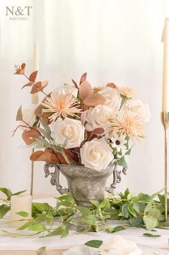 Miniatura 497 de N&T NIETING Flores artificiales, rosas artificiales de color rosa intenso, 50 piezas de flores falsas con tallo para ramos de boda DIY, centros