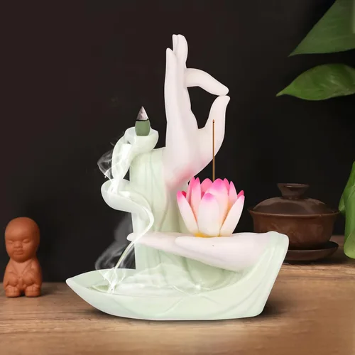 Miniatura 2 de Soporte de incienso de reflujo de cultura budista, quemador de incienso en cascada, mano de Buda y colorido patrón de loto, adorno de aromaterapia