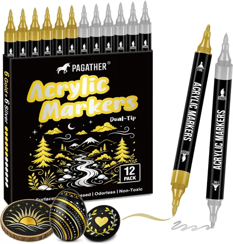 Miniatura 12 de Pagather Marcadores de pintura acrílica en blanco y negro, paquete de 12 marcadores de doble punta con punta fina y punta de pincel para piedra, 12