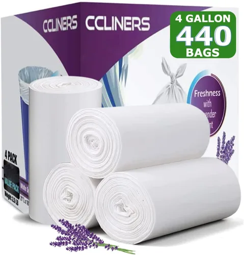 Bolsa de basura de 4 galones con aroma a lavanda (440 unidades) bolsas de basura pequeñas para baño, bolsas de basura blancas para el hogar, cocina,