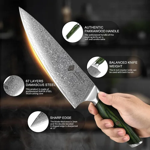 Miniatura 2 de VEROXIS Cuchillo de Chef de Damasco de 8 Pulgadas, Cuchillos de Cocina Japoneses Profesionales Afilados de Acero Super de Alto Carbono con Mangos
