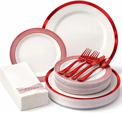 Miniatura 8 de By Madee PREMIUM - Juego de vajilla desechable elegante – Juego de platos y utensilios de plástico de oro rosa de 175 piezas con servilletas