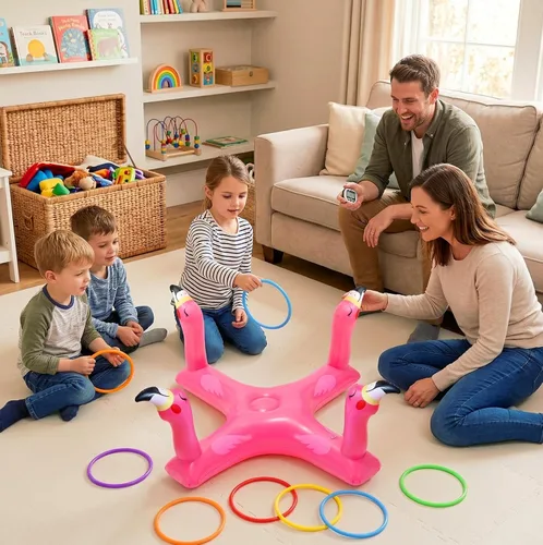 Miniatura 7 de Uniqhia Anillo inflable para piscina con 6 anillos, juego de piscina flotante de tiburón y flamenco con 6 anillos, juegos de piscina para niños