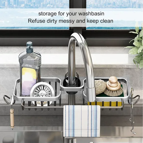 Miniatura 6 de Estante de almacenamiento para grifo, organizador de aluminio, plástico, dos contenedores con barra de toalla para esponja trapo, cocina, baño, plata