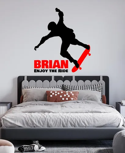 Calcomanía de pared de patineta con nombre personalizado, silueta personalizada, decoración de patineta para decoración de dormitorio (mini ancho 15