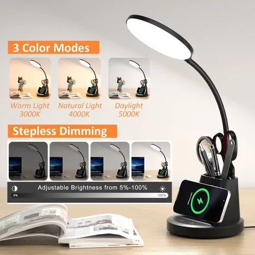 Miniatura 3 de Lámpara de escritorio Vicsoon con cargador inalámbrico, lámpara de escritorio LED para oficina en casa con soporte para bolígrafo, luz de escritorio