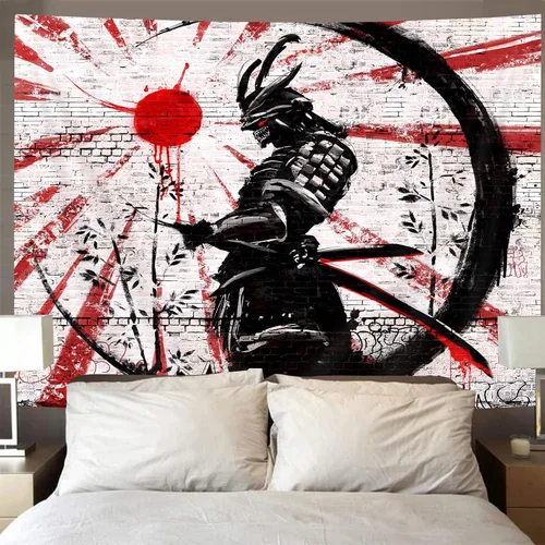 Miniatura 4 de iTapnoom Tapiz decorativo de arte samurái japonés para colgar en la pared para dormitorio, póster de anime rojo y negro con sol y luna para hombres