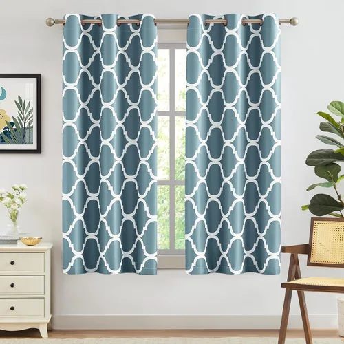 Miniatura 31 de Melodieux - Cortinas opacas estilo marroquí con aislamiento térmico y ojales para oscurecer sala de estar, 2 paneles. Blanco hueso/verde azulado