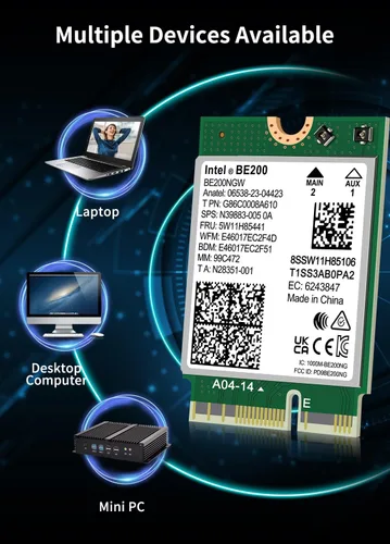 Miniatura 6 de Tarjeta WiFi 7 Intel BE200 NGW, Bluetooth 5.4, 5800Mbps M.2/NGFF, compatible con Windows 10/11 (64bit), Linux, no compatible con AMD, solo