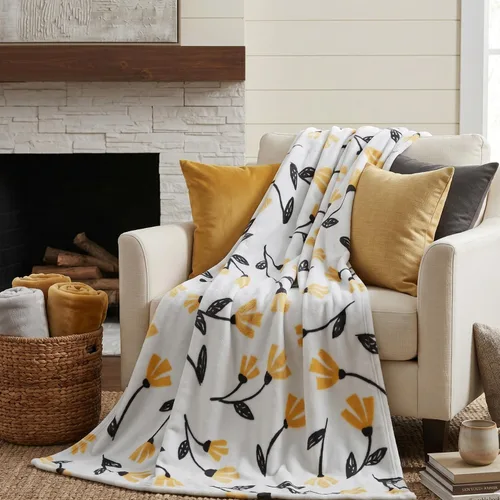 DaDa Bedding - Manta de forro polar floral, franela suave de visón sintético con tulipanes amarillos y naranjas sobre gris, acogedora y elegante
