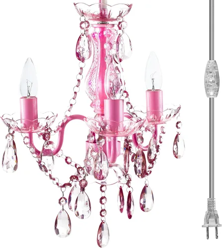gypsy color The Original Brink House Lámpara de Araña Colgante Swag de Enchufe de 3 Luces Rosa H17"xW12", Marco de Metal Rosa, Vástago de Vidrio y