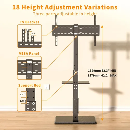 Miniatura 3 de Afaloona Soporte universal para TV de suelo, soporte de TV con toma de corriente y estante extraíble para TV de 32 a 75 pulgadas de hasta 110