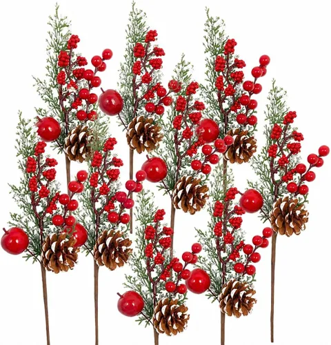 BANBERRY DESIGNS Púas de Navidad – Plantación de piña con punta de nieve – racimos de bayas rojas y manzanas – Decoración – Artesanía – 9 piezas –
