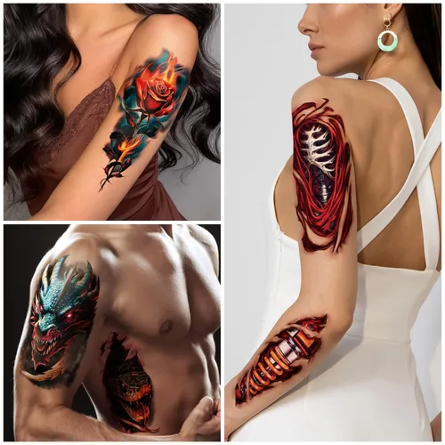 Miniatura 5 de 77 hojas de tatuajes temporales realistas en 3D para adultos y niños, calavera de araña, tigre, león, dragón, serpiente, tatuajes temporales