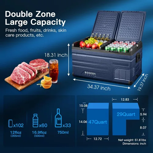 Miniatura 2 de BODEGACOOLER Refrigerador de Auto de 12 Voltios, Control de APP de Doble Zona, Diseñado con Congelador Portátil de Puerta Removible de 2 Vías, 75
