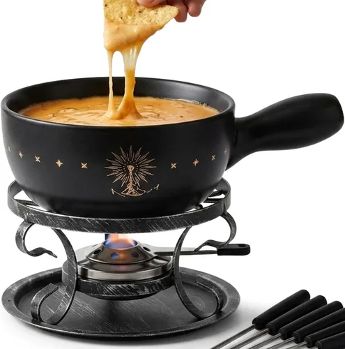 Artestia Juego de ollas de cerámica para fondue de 2.11 cuartos de galón, soporte de metal con 6 tenedores de fondue y patrón de Alpes suizos,