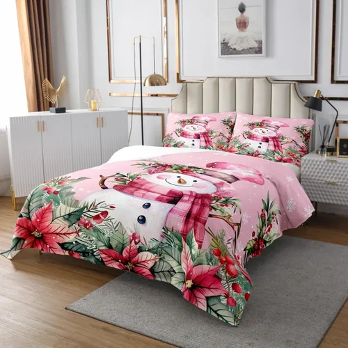 Miniatura 2 de Manfei Colcha de muñeco de nieve de Navidad, tamaño King, colcha acolchada con 2 fundas de almohada, juego de colcha rosa de Navidad de 3 piezas