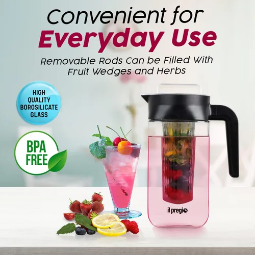 Miniatura 3 de Jarra de agua con infusor de frutas de vidrio pequeño, jarra de infusión de vidrio de borosilicato de 36 onzas con varilla infusora extraíble