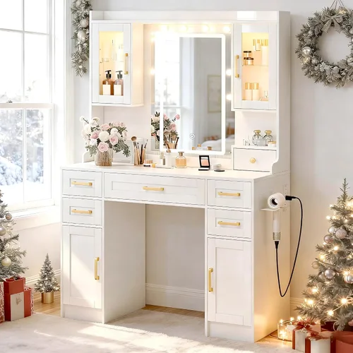 Miniatura 8 de KAMABOKO Escritorio de tocador con luz y espejo, mesa de maquillaje blanca con cajones y estación de carga, 3 modos ajustables para dormitorio y 042